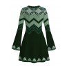 Ethnic Christmas Sweater Dress Vintage Nordic Fair Isle Jacquard Zig Zag Print Bell Sleeve Dress - Vert profond XXL | US 14