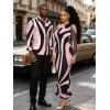 Vintage Couple Outfit Colorblock Geometric Swirl Print Mesh Skew Neck Bodycon Dress and Long Sleeve Shirt Set - multicolor A S | US 4