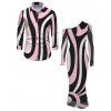 Vintage Couple Outfit Colorblock Geometric Swirl Print Mesh Skew Neck Bodycon Dress and Long Sleeve Shirt Set - multicolor A S | US 4