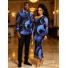 Vacation Couple Outfit Starry Sky Swirl Rhinestone Print Mesh Skew Neck Bodycon Dress and Long Sleeve Shirt Set - Bleu profond S | US 4