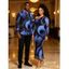 Vacation Couple Outfit Starry Sky Swirl Rhinestone Print Mesh Skew Neck Bodycon Dress and Long Sleeve Shirt Set - Bleu profond S | US 4