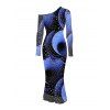 Vacation Couple Outfit Starry Sky Swirl Rhinestone Print Mesh Skew Neck Bodycon Dress and Long Sleeve Shirt Set - Bleu profond S | US 4