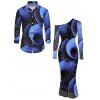 Vacation Couple Outfit Starry Sky Swirl Rhinestone Print Mesh Skew Neck Bodycon Dress and Long Sleeve Shirt Set - Bleu profond S | US 4
