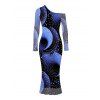 Vacation Dress Starry Sky Swirl Rhinestone Print Mesh Skew Neck Long Sleeve Bodycon Dress - Bleu profond M | US 6