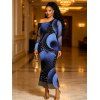 Vacation Dress Starry Sky Swirl Rhinestone Print Mesh Skew Neck Long Sleeve Bodycon Dress - Bleu profond XXL | US 14