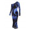 Vacation Dress Starry Sky Swirl Rhinestone Print Mesh Skew Neck Long Sleeve Bodycon Dress - Bleu profond XXL | US 14
