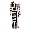 Vacation Dress Colorblock Tie Dye Striped Print Mesh Skew Neck Mesh Long Sleeve Bodycon Dress - Noir M | US 6