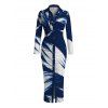Vintage Shirt Dress Colorblock Abstract Brush Stroke Print Ruched Turn Down Collar Bodycon Dress - Bleu profond XXL | US 14