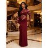 Elegant Party Dress See Thru Lace Panel Twisted Ruched Long Sleeve Bodycon Dress - Rouge Vineux XL | US 12