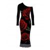 Vacation Dress Rose Floral Leaf Print Skew Neck Mesh Panel Long Sleeve Bodycon Dress - Noir S | US 4