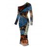 Vacation Dress Vintage Collage Poster Graphic Print Skew Neck Mesh Panel Long Sleeve Bodycon Dress - multicolor S | US 4
