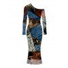 Vacation Dress Vintage Collage Poster Graphic Print Skew Neck Mesh Panel Long Sleeve Bodycon Dress - multicolor S | US 4