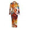 Vacation Shirt Dress Abstract Graffiti Print Turn Down Collar Ruched Bodycon Dress - multicolor S | US 4