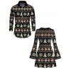 Christmas Couple Outfit Fair Isle Jacquard Christmas Tree Snowflake Print Bell Sleeve A Line Mini Sweater Dress and Long Sleeve Shirt Set - Noir S | US 4