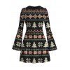 Christmas Couple Outfit Fair Isle Jacquard Christmas Tree Snowflake Print Bell Sleeve A Line Mini Sweater Dress and Long Sleeve Shirt Set - Noir S | US 4