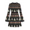 Christmas Couple Outfit Fair Isle Jacquard Christmas Tree Snowflake Print Bell Sleeve A Line Mini Sweater Dress and Long Sleeve Shirt Set - Noir S | US 4