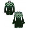 Ethnic Christmas Couple Outfit Vintage Nordic Fair Isle Jacquard Zig Zag Print Bell Sleeve Sweater Dress and Long Sleeve Shirt Set - Vert profond S | US 4