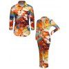 Vacation Couple Outfit Abstract Graffiti Print Turn Down Collar Ruched Bodycon Shirt Dress and Long Sleeve Shirt Set - multicolor S | US 4