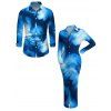 Vacation Couple Outfit Ombre Palm Leaf Print Turn Down Collar Ruched Bodycon Shirt Dress and Long Sleeve Shirt Set - Bleu S | US 4