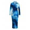 Vacation Couple Outfit Ombre Palm Leaf Print Turn Down Collar Ruched Bodycon Shirt Dress and Long Sleeve Shirt Set - Bleu S | US 4