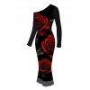 Vacation Couple Outfit Rose Floral Leaf Print Skew Neck Mesh Panel Bodycon Dress Long Sleeve Shirt Set - Noir S | US 4