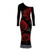 Vacation Couple Outfit Rose Floral Leaf Print Skew Neck Mesh Panel Bodycon Dress Long Sleeve Shirt Set - Noir S | US 4