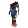 Vacation Couple Outfit Vintage Collage Poster Graphic Print Skew Neck Mesh Panel Bodycon Dress and Long Sleeve Shirt Set - multicolor S | US 4
