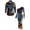 Vacation Couple Outfit Vintage Collage Poster Graphic Print Skew Neck Mesh Panel Bodycon Dress and Long Sleeve Shirt Set - multicolor S | US 4