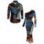 Vacation Couple Outfit Vintage Collage Poster Graphic Print Skew Neck Mesh Panel Bodycon Dress and Long Sleeve Shirt Set - multicolor S | US 4