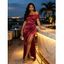 Vintage Party Satin Dress Solid Color Off the Shoulder Ruched High Slit Bodycon Dress - Rouge Vineux M | US 6