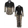 Vintage Couple Outfit Leopard Print Panel Turn Down Collar Ruched Bodycon Shirt Dress and Long Sleeve Shirt Set - Noir S | US 4