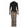 Vintage Shirt Dress Leopard Print Panel Turn Down Collar Ruched Bodycon Dress - Noir XL | US 12