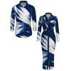 Vintage Couple Outfit Colorblock Abstract Brush Stroke Print Ruched Turn Down Collar Bodycon Shirt Dress and Long Sleeve Shirt Set - Bleu profond S | US 4