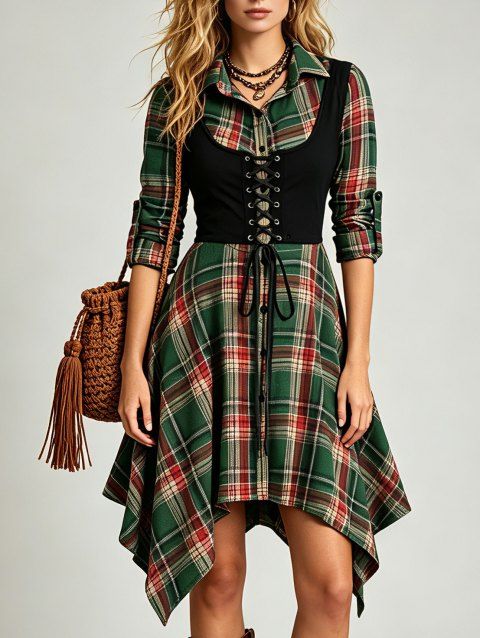 Robe chemise à carreaux vintage en faux twinset et robe mouchoir à lacets