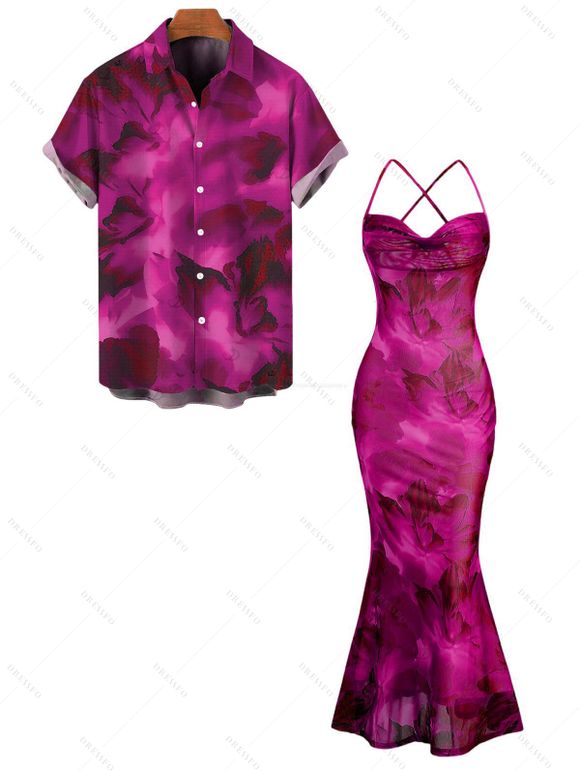 Vacation Couple Outfit Ink Wash Floral Print Mesh Cowl Neck Mermaid Slip Dress and Shirt Set - Rouge Rose S | US 4