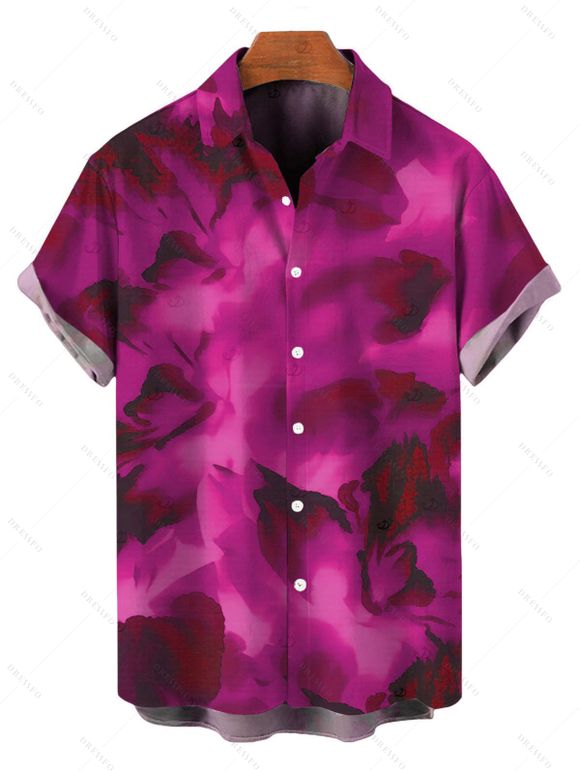Vacation Couple Outfit Ink Wash Floral Print Mesh Cowl Neck Mermaid Slip Dress and Shirt Set - Rouge Rose S | US 4