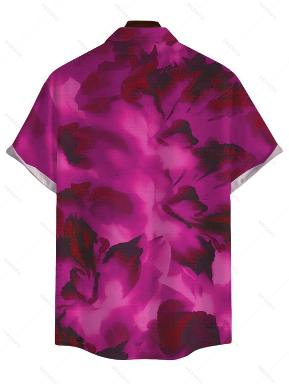 Vacation Couple Outfit Ink Wash Floral Print Mesh Cowl Neck Mermaid Slip Dress and Shirt Set - Rouge Rose S | US 4