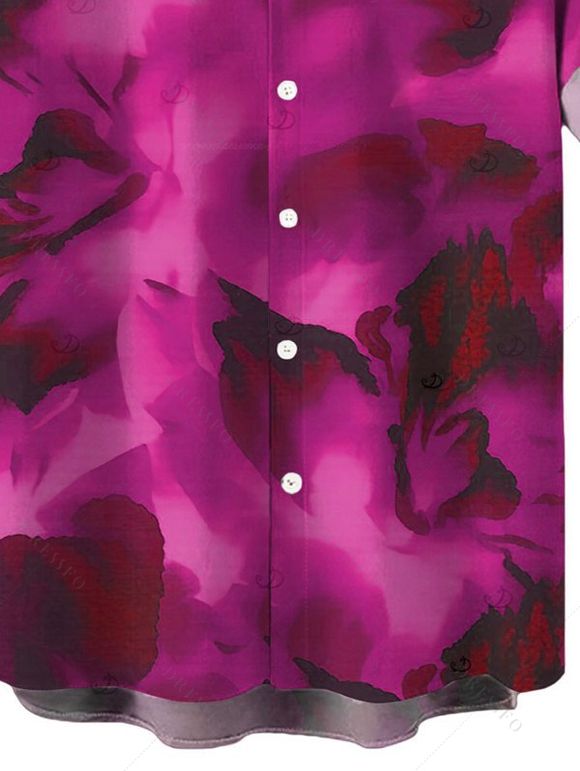 Men's Vacation Shirt Ink Wash Floral Print Button Up Shirt - Rouge Rose 5XL