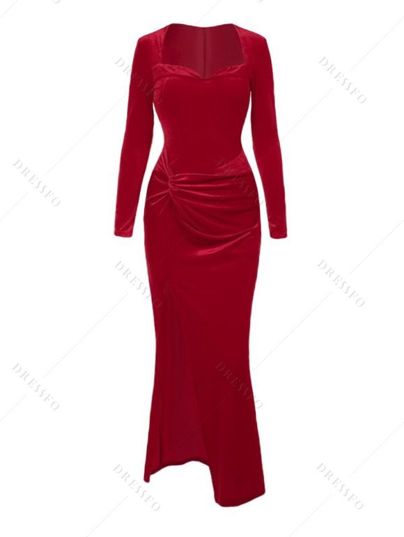Elegant Party Dress Velvet Twist Ruched Sweetheart Neck Long Sleeve Slit Evening Dress - Rouge L | US 8-10