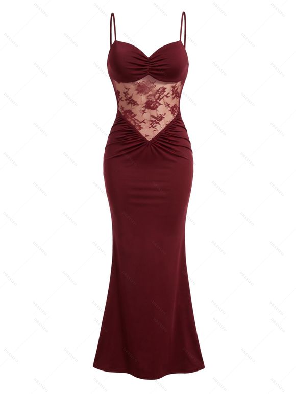 Elegant Party Dress See Thru Lace Panel Ruched Bust Bodycon Maxi Dress - Rouge Vineux S | US 4