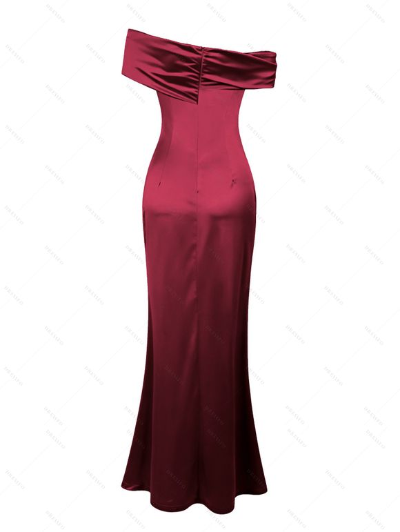 Vintage Party Satin Dress Solid Color Off the Shoulder Ruched High Slit Bodycon Dress - Rouge Vineux XL | US 12