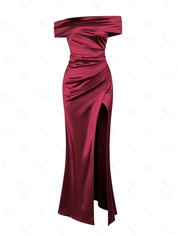 Vintage Party Satin Dress Solid Color Off the Shoulder Ruched High Slit Bodycon Dress - Rouge Vineux XL | US 12