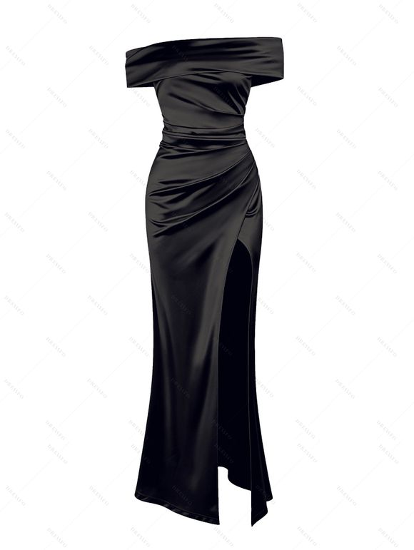 Vintage Party Satin Dress Solid Color Off the Shoulder Ruched High Slit Bodycon Dress - Noir S | US 4