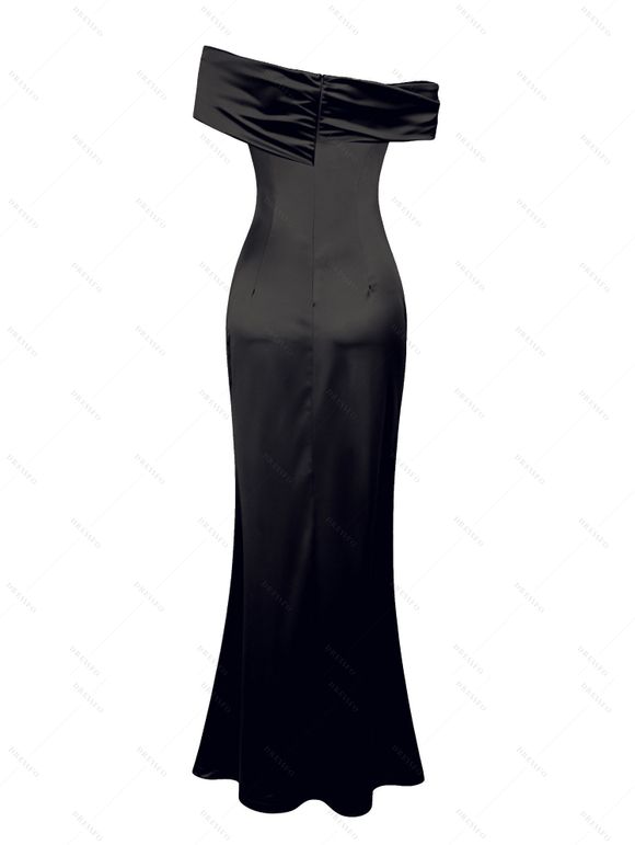 Vintage Party Satin Dress Solid Color Off the Shoulder Ruched High Slit Bodycon Dress - Noir S | US 4