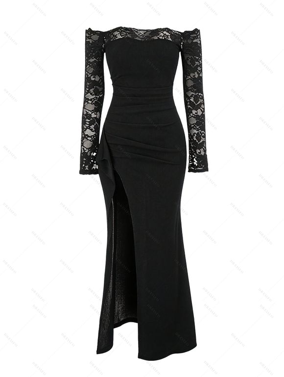 Elegant Party Dress Solid Color Scalloped Off the Shoulder Lace Sleeve High Bodycon Slit Dress - Noir S | US 4