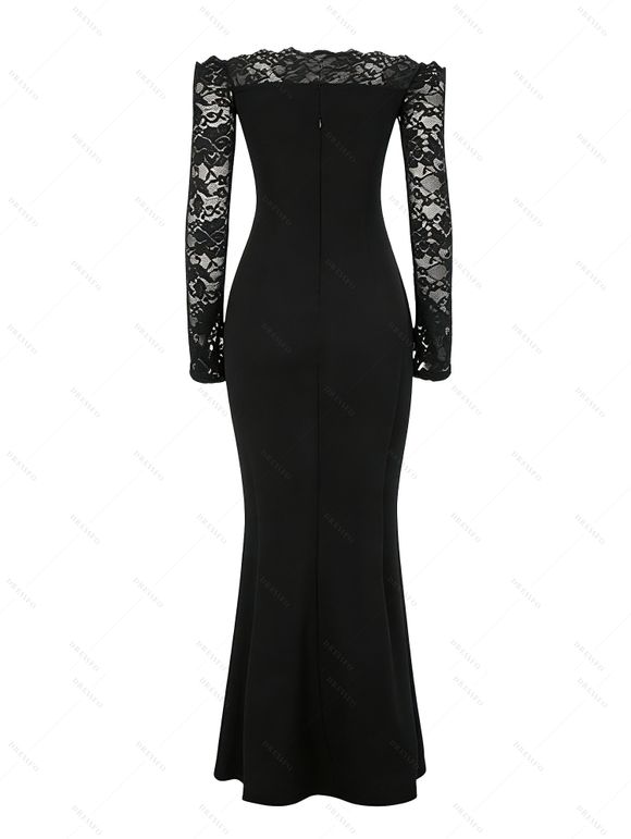 Elegant Party Dress Solid Color Scalloped Off the Shoulder Lace Sleeve High Bodycon Slit Dress - Noir S | US 4