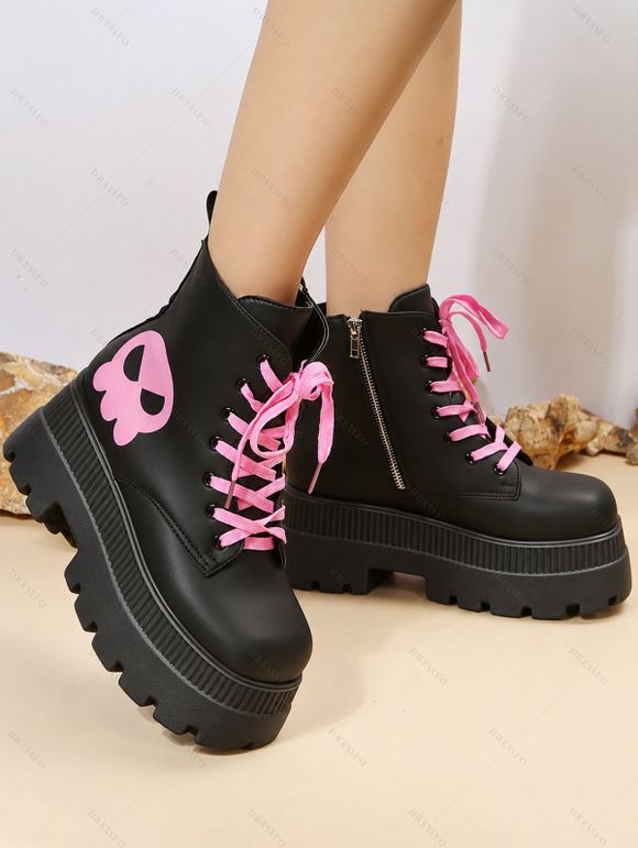 Ghost Pattern Square Toe Lace Up Side Zipper Thick Platform Gothic Martin Boots - Noir EU 43
