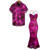 Vacation Couple Outfit Ink Wash Floral Print Mesh Cowl Neck Mermaid Slip Dress and Shirt Set - Rouge Rose S | US 4
