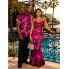 Vacation Couple Outfit Ink Wash Floral Print Mesh Cowl Neck Mermaid Slip Dress and Shirt Set - Rouge Rose S | US 4