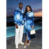 Vacation Couple Outfit Ombre Palm Leaf Print Turn Down Collar Ruched Bodycon Shirt Dress and Long Sleeve Shirt Set - Bleu S | US 4